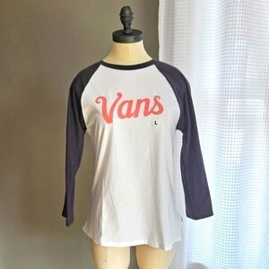 NWT Vans White & Slate Raglan Tee With Flocked Pink Vintage Vans Logo - Sz L